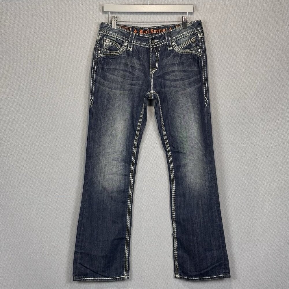Rock Revival Jeans Women 29 Elaina Easy Boot Mid Rise Distressed Dark Wash Denim